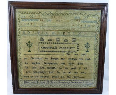 A 19th century sampler by Eliza Averill of Broadway, aged 10 years, dated December 9 1822, 34.5cm x 33.5cm, framed and glazed