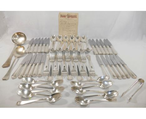 A set of Art Deco Christofle/Alfenide silver plated cutlery comprised of a soup ladle, basting spoon and sugar tongs, 12 spoo