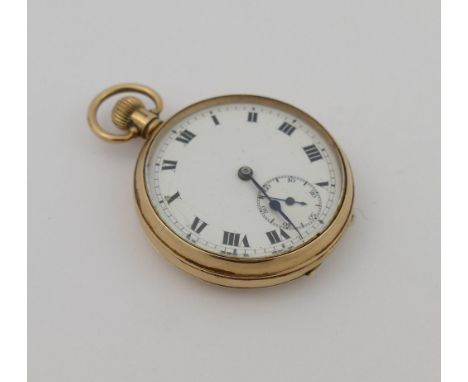 A George V 9 carat gold cased open face pocket watch, Birmingham 1929, the white enamel dial with Roman numerals and subsidia