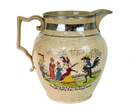 A Staffordshire pearlware jug. Circa 1820, with silver lustre bands and printed and coloured transfer prints, after Cruikshan