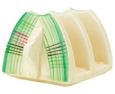A Clarice Cliff Tartan (green) pattern daffodil shape toast rack. Wilkinson Ltd marks, height 5cm.A little crazing, no other 