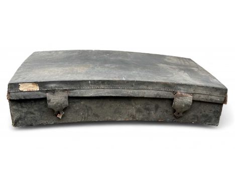 An early to mid-19th-century trunk in leather-covered wood 121x69cm and 25cm deep. The base concave.
