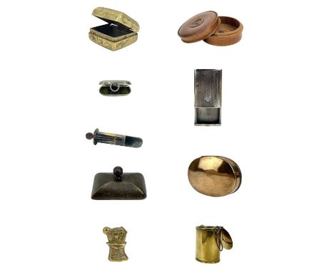 A collection of small boxes, etc. Comprising a silver vesta case, with a sliding cover, a brass Snozzle Durante vesta, a mine