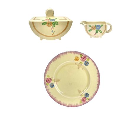 A Honey Dew pattern tureen and cover. Wilkinson Ltd marks together with a sauce boat and a Clarice Cliff Aura Daisy dinner pl