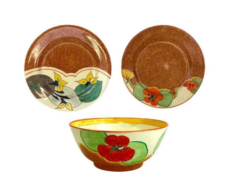 A Clarice Cliff Nasturtium pattern Havre shape bowl. Bizarre Wilkinson Ltd marks, diameter 20.5cm together with a Clarice Cli