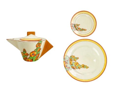 A Clarice Cliff Sunshine pattern Odilon shape teapot and cover. Bizarre Wilkinson Ltd marks together with a Sunshine pattern 