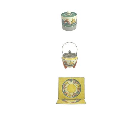 A Clarice Cliff Chloris pattern drum shape preserve pot and cover. Honeyglaze marks, height 9cm together with another Chloris
