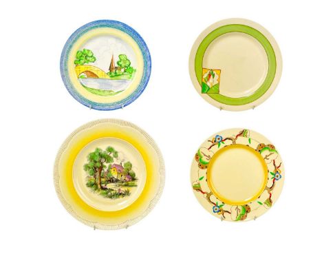 A Clarice Cliff Tiger Tree pattern dinner plate. Wilkinson Ltd marks, together with a Stroud pattern plate, a Crayon Scene pl