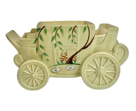 A Clarice Cliff Dry Day pattern Stage Coach 445 shape cigarette box. Blue Wilkinson Ltd marks, height 11cm.
