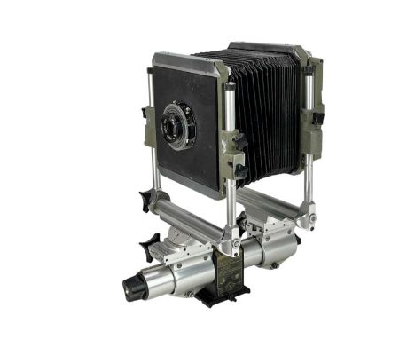 A Sinar System C Koch monorail camera. Fitted with a Kodak Ektar 203mm lens and an extension monorail.