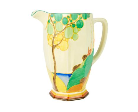 A Clarice Cliff Seven Colour Secrets pattern Athens jug. Bizarre Newport Pottery marks, height 20cm.The handle has been resto