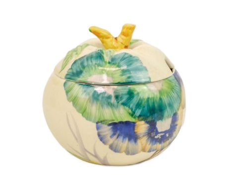 A Clarice Cliff Viscaria pattern Apple shape preserve pot and cover. Bizarre Wilkinson marks, height 9cm.