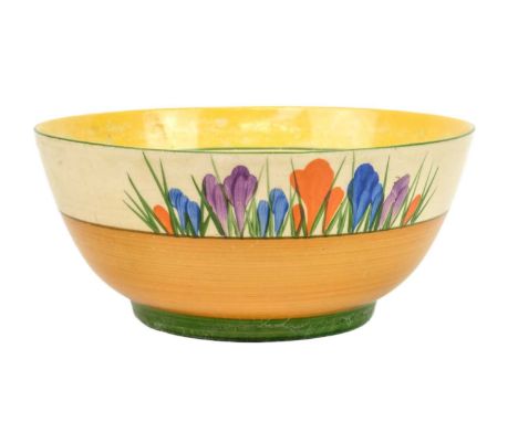 A Clarice Cliff Crocus pattern bowl. Bizarre Wilkinson Pottery mark, height 7.5cm diameter 18cm.