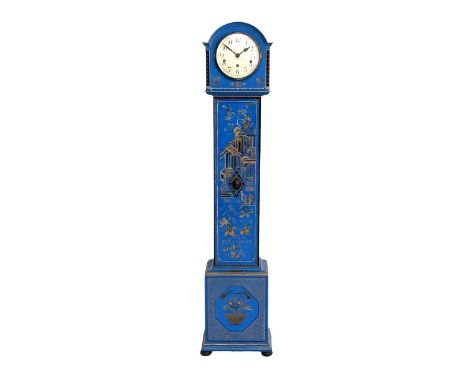 A Chinoiserie lacquer small longcase or 'Grandmother' clock. With raised gilded decoration on a blue ground, the circular dia