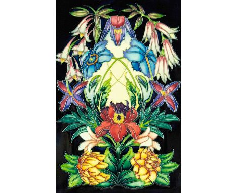 A Moorcroft Pottery limited edition Hidcote pattern framed tile. Designed by Phillip Gibson No. 175/250, 30cm x 20cm.No condi