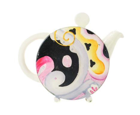 A Clarice Cliff and Billie Waters Bon Jour teapot and cover. Decorated with abstract scroll design, black printed marks to ba