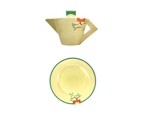 A Clarice Cliff Ravel pattern Daffodil shape teapot and cover. Bizarre Wilkinson Ltd, height 14cm together with a Ravel patte