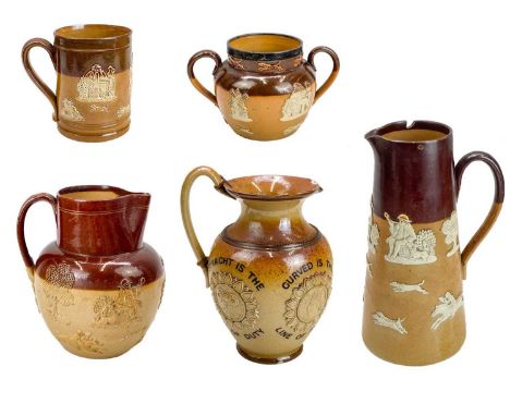 A Doulton Lambeth stoneware jug 'Straight is the line of duty/curved is the line of beauty...' Height 20cm. Together with a c