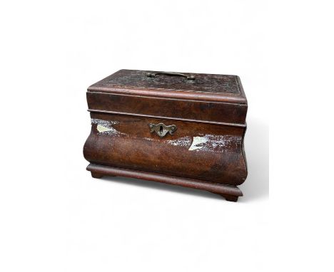 A rare George III tea chest Burr-wood veneered and of bombe shape the interior with three tin-plate and brass caddies 25cm wi