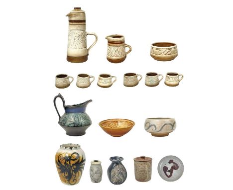 A Celtic pottery part coffee set. A similar bowl, a blue ground jug, a vase, painted with a phoenix, and other studio pottery