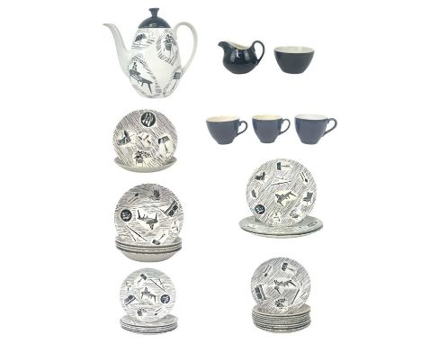 A Ridgeway Potteries Ltd Homemaker pattern part service. Comprising: coffee pot and cover, milk jug, sugar bowl, three teacup