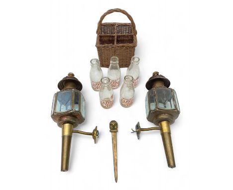 Brass carriage lanterns Wired for electricity, with opening etched glass panels, wall fixing brackets. L: 54cmTogether with f