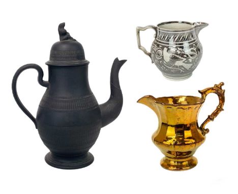 A black basalt baluster coffee pot and cover. Circa 1800, possibly Elijah Mayer, with widow knop, and engine turned decoratio