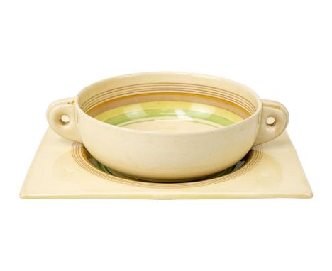 A Clarice Cliff Biarritz banded design twin handled soup bowl and stand. Diameter 11.5cm together with four other Biarritz so