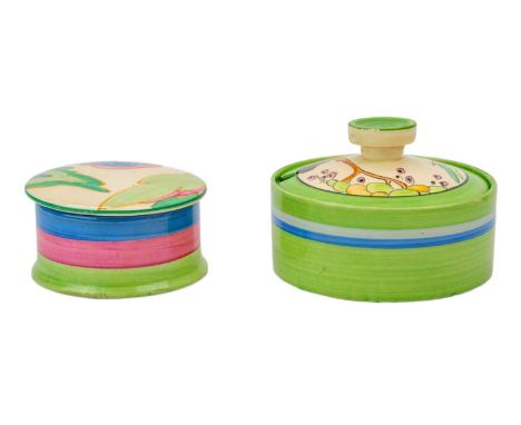 A Clarice Cliff Tulips pattern shallow preserve pot and cover. Bizarre Wilkinson Ltd marks, height 7cm together with an Oasis