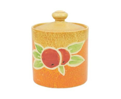 A Clarice Cliff Oranges Cafe au Lait pattern drum shape preserve pot and cover. Bizarre Wilkinson and Brice Rogers Cottage Po
