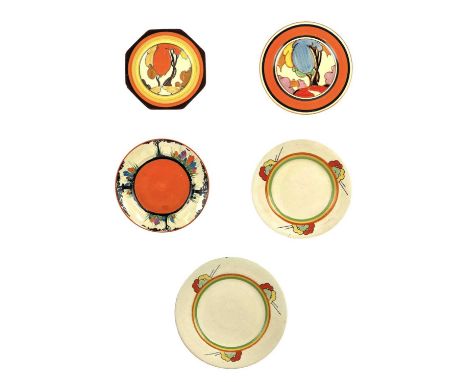 A Clarice Cliff Blue Autumn pattern side plate. Bizarre Newport marks, diameter 15cm together with an Orange Autumn octagonal
