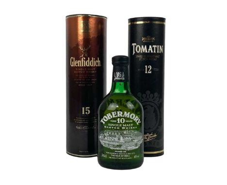 Glenfiddich Single Malt Scotch Whisky 15 Years Old. 700ml 40% In tube together with a Tomatin Aged 12 Years 700ml 40% in tube