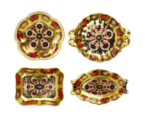 Three Royal Crown Derby porcelain trinket dishes. Pattern number 1128; together with a twin handled stand, height 4cm, width 