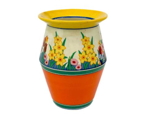 A Clarice Cliff Chloris pattern Tolphine shape vase. Wilkinson Honeyglaze marks, height 20cm.There are a few tiny scratches o