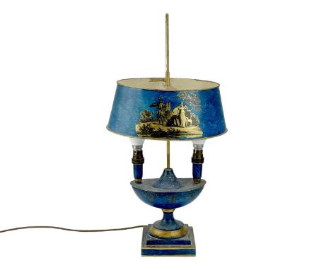 An Italian painted cast metal and tole ware table lamp. mid-late 20th century, with a scumbled blue painted finish decorated 