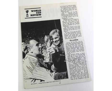 Football - Bobby Moore / Alf Ramsey hand signed magazine page, and hand signed by Roger Hunt on the reverse. Nice item
