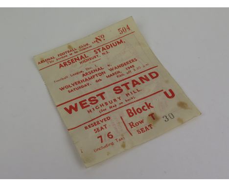 Football Ticket Arsenal v Wolverhampton 6/3/1948 Div 1