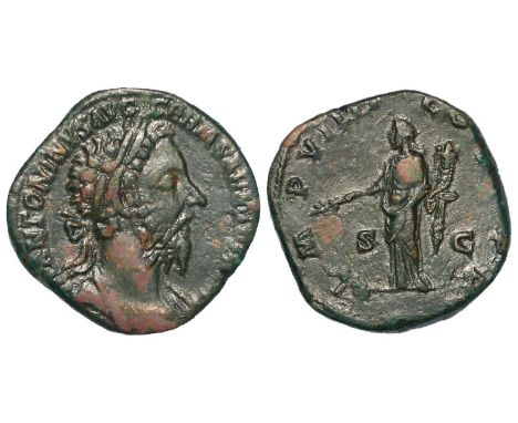 Marcus Aurelius brass sestertius, Rome Mint 177 A.D., reverse:- Pax standing left, holding olive-branch and cornucopiae, Sear