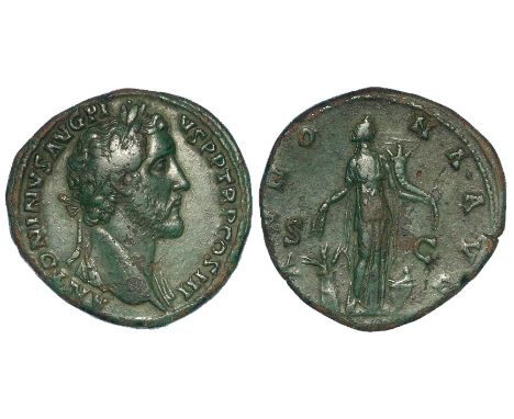 Antoninus Pius sestertius, Rome Mint 142 A.D., reverse:- Annona standing right, Sear 4147, dark hard even green patina, GVF/V