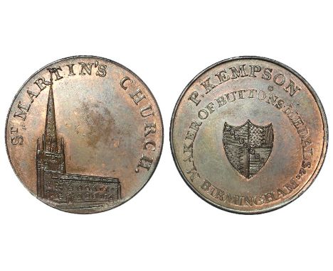 Token, 18thC: Kempson's Birmingham Buildings: St Martin's Church Halfpenny, D&H Warwickshire no. 154, AU with lustre, a light