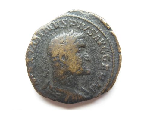 Maximinus I brass sestertius, Rome Mint 236-268 A.D., reverse reads:- VICTORIA GERMANICA S C, Victory standing left, holding 