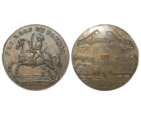Token, 18thC: Norwich Barracks Halfpenny 1793, D&H Norfolk 46, toned EF, a small darker patch obv. Comes with an old ticket.