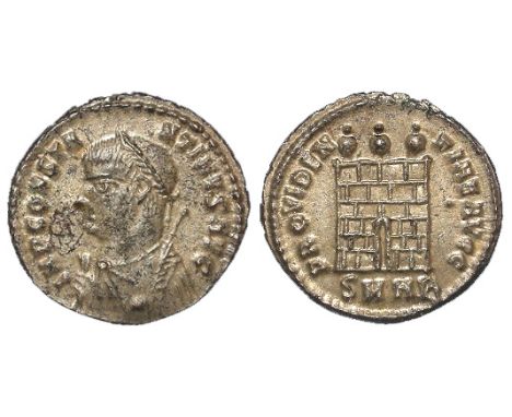 Constantine I billon follis with most of silver wash still in place, Heraclea Mint 317 A.D., obverse:- Laureate, draped and c