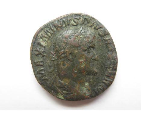 Maximinus I brass sestertius, Rome Mint 236-238 A.D., reverse reads:- [PAX] AVGVSTI S C, Pax standing left holding olive-bran
