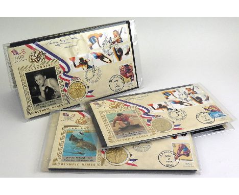 Benham Olympic Games 1996 hand signed special covers each with a small medallion, autographs include Mary Peters, David Wilki