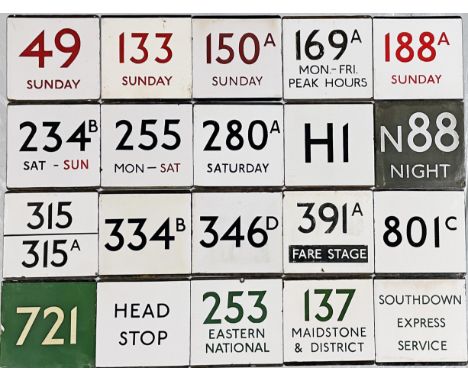 Large quantity (20) of London Transport bus stop enamel E-PLATES from across the network and featuring a number of interestin