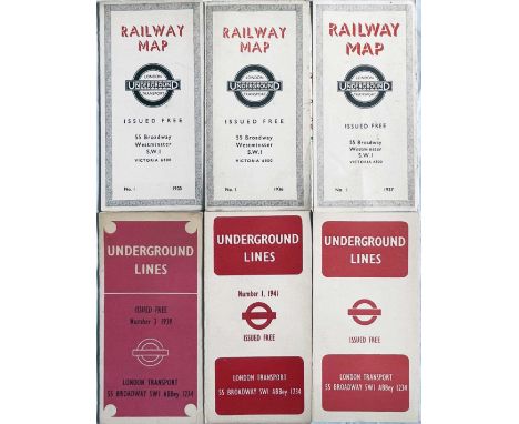 Selection (6) of 1930s/40s London Underground diagrammatic, card POCKET MAPS comprising Beck issues No 1, 1935 (vgc, very lig