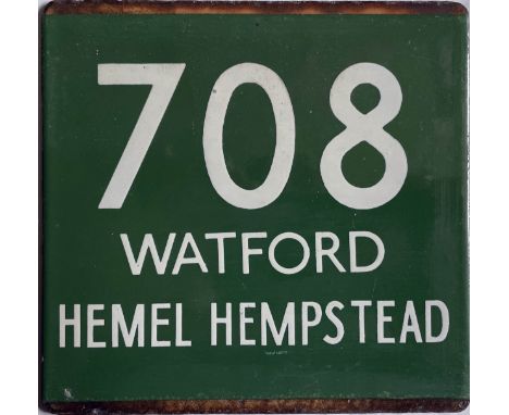London Transport coach stop enamel E-PLATE for Green Line route 708 destinated Watford, Hemel Hempstead. These were noted fro