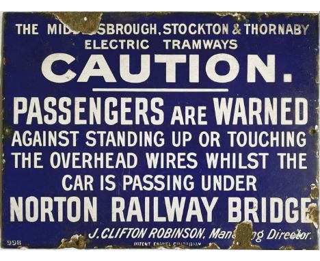 c1900 Middlesbrough, Stockton & Thornaby Electric Tramways ENAMEL SIGN from one of the company's original, open-top electric 