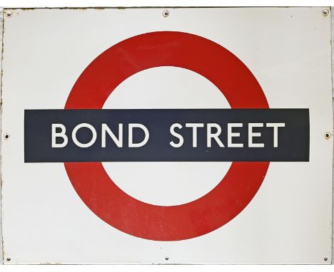 1950s/60s London Underground enamel PLATFORM BULLSEYE SIGN from Bond Street Station on the Central Line. The sign measures 28